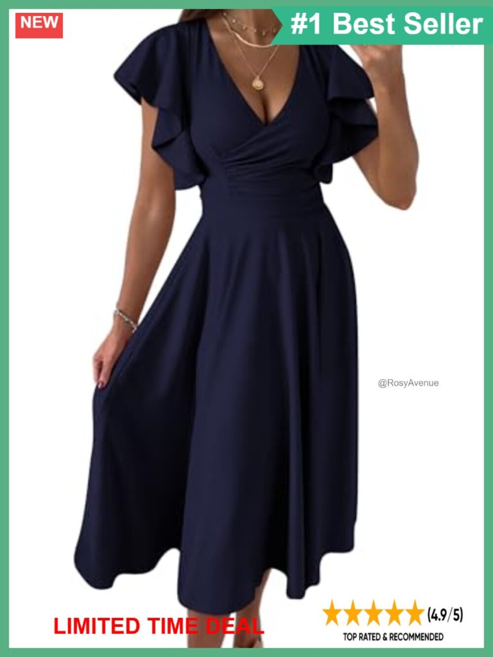 Wrap V Neck Midi Summer Dress Ruffle Cap Sleeve A-Line Cocktail